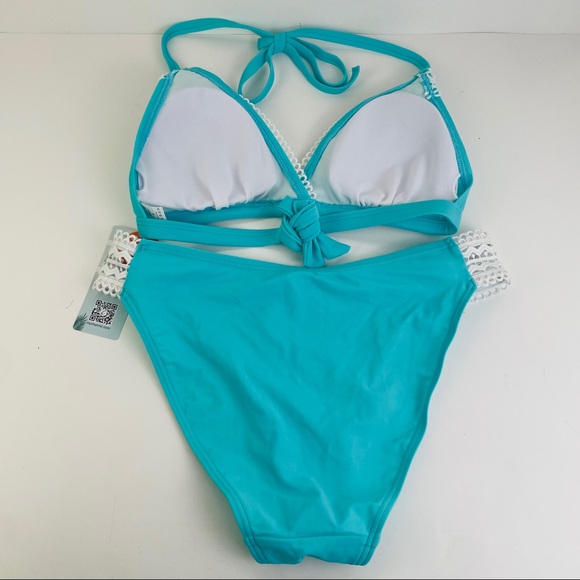 Beautyin Crochet Lace Bikini Two Piece Aqua Turquoise UPF 50 Women’s Size Small - Picture 2 of 7